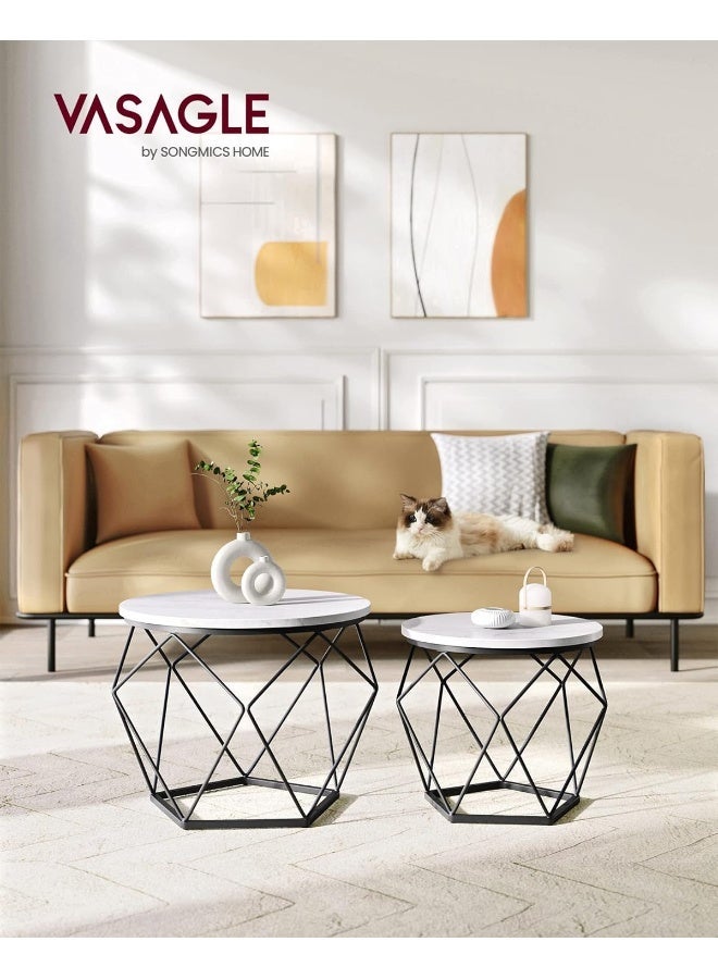 VASAGLE Set of 2 Round Coffee Tables - Nesting Side Tables with Removable Tray Tops & Geometric Steel Frame - Modern Living Room Furniture - White/Black - Image 2